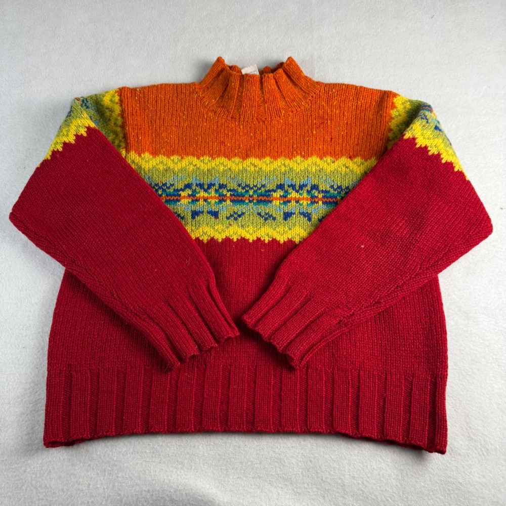 Vintage Express Tricot 100%‎ Wool Fair Isle Mock Neck Sweater Red Orange Large